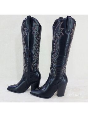 Ride On Black Country Western Cowgirl Knee Boots
